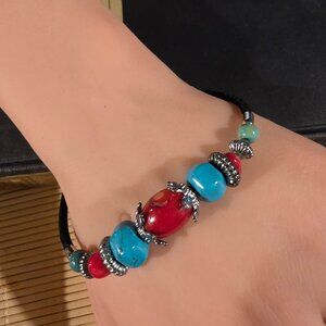 Gemstone Bracelet Turquoise Coral Black Velvet and Silver Tone Beads Style M